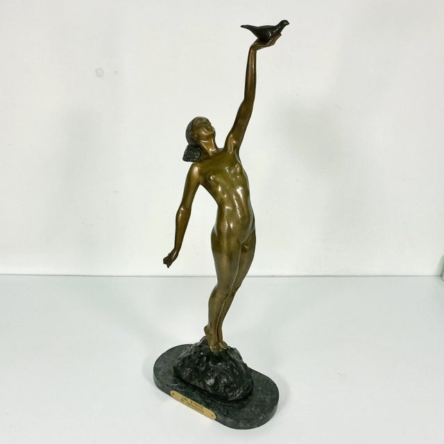 Vintage French Art Deco Pierre Le Faguays Bronze Nude Sculpture, Girl With Dove For Sale - Image 14 of 18