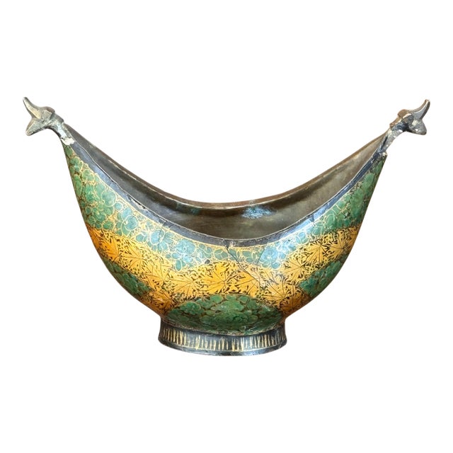 Decorative Enameled Metal Bowl With Stylized Animal Terminals For Sale