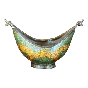 Decorative Enameled Metal Bowl With Stylized Animal Terminals