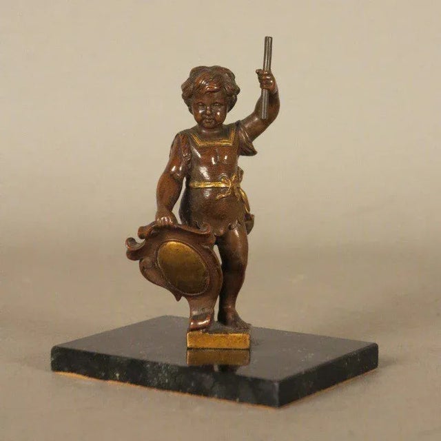Metal Antique Bronze Putti Sculpture with Shield and Staff on Marble Base For Sale - Image 7 of 7