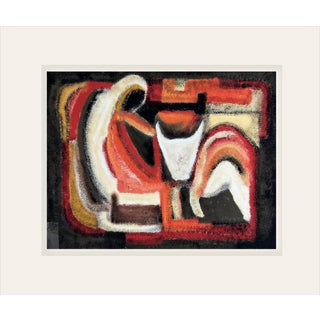 Mid-Century 1970's Vintage European Abstract Oil Painting of Woman and Animal in Orange and Black on Paper With Mat. For Sale