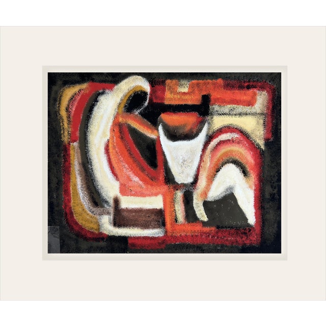 Mid-Century 1970's Vintage European Abstract Oil Painting of Woman and Animal in Orange and Black on Paper With Mat. For Sale