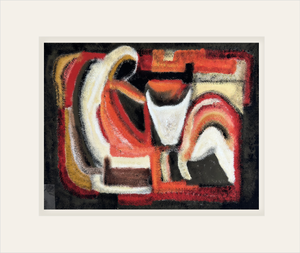 Mid-Century 1970's Vintage European Abstract Oil Painting of Woman and Animal in Orange and Black on Paper With Mat.