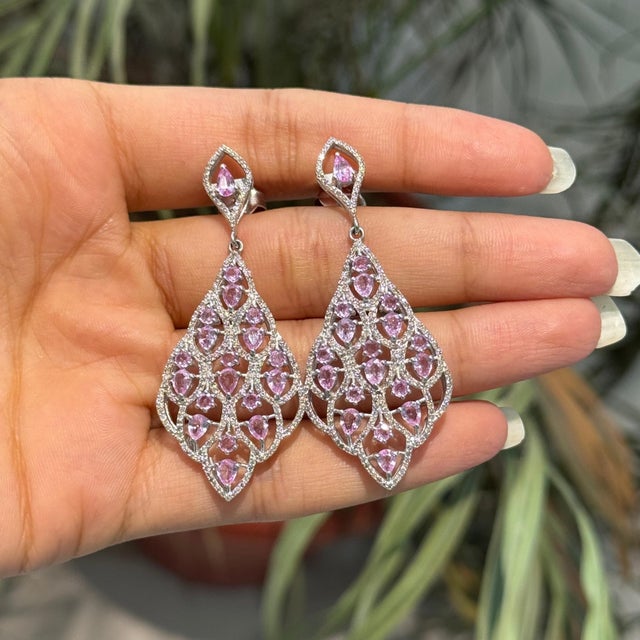 Sparkling Elegant 5.07 TCW Pink Sapphire & Diamond Partywear Dangle Earrings, 2 Pieces For Sale - Image 9 of 13