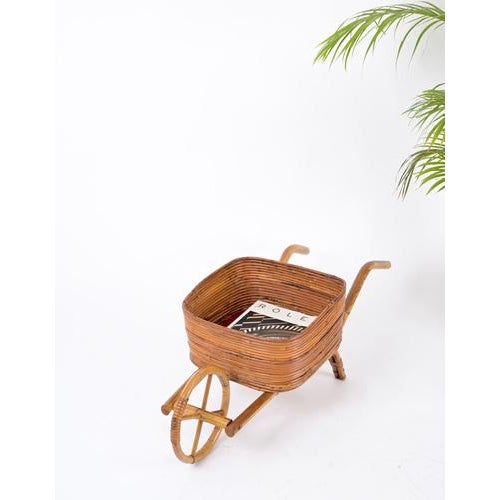 French Riviera Rattan Wheelbarrow Magazine Rack, Italy, 1960s For Sale - Image 11 of 16