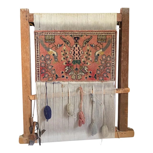 Early 20th Century Rustic Decorative Wool Rug Wall Hanging Weaving Loom With Corresponding Weaving Tools For Sale