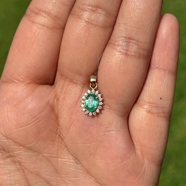 Vintage Inspired Emerald & Diamond Halo Sunburst Pendant in 14k Yellow Gold For Sale In New York - Image 6 of 16