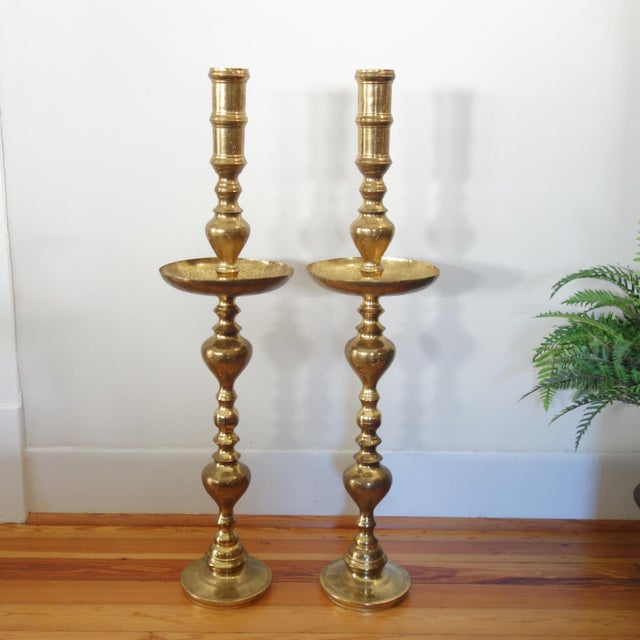1960s Moroccan Brass Altar Candles Holders Pair Floor Pillar