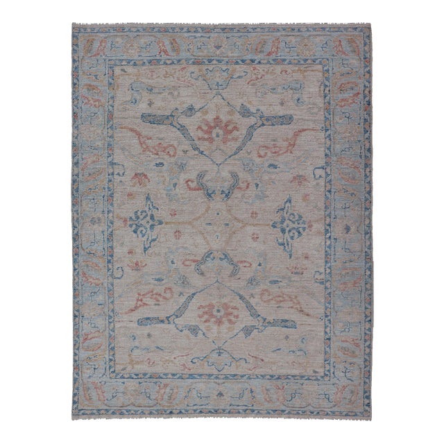 All-Over Hand Knotted Oushak Rug With Arabesque Design in Ivory and Blue Tones 4'11 X 6'10 For Sale