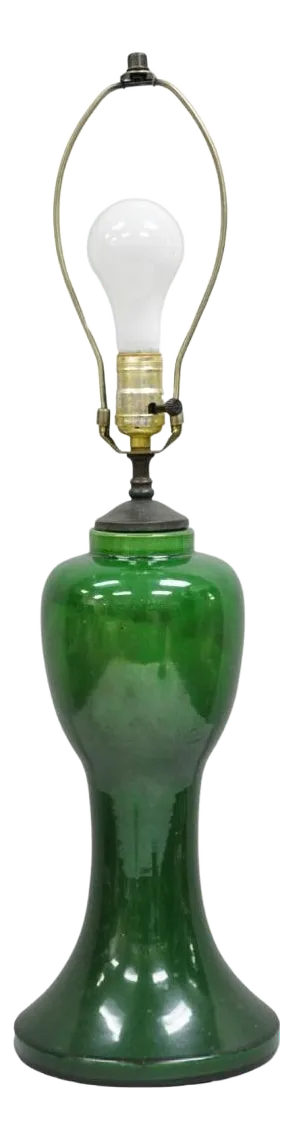 Antique Chinoiserie Japanese Ceramic Pottery Green Bulbous Vase Table Lamp