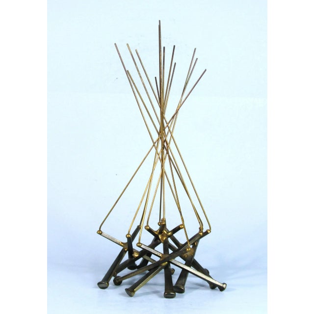 Vintage Brutalist metal sculpture of a Camp Fire made of welded metal nails and brass wire signed by the artist Ron...