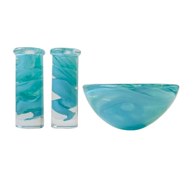 Swedish Blue Atoll Art Glass Bowl & Candlesticks by Anna Ehrner for Kosta Boda, 1980s, Set of 3 For Sale
