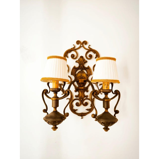 Two-Light Brass Wall Lamp with Silk Lampshades For Sale - Image 14 of 14