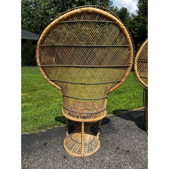 Boho Chic This Pair of Vintage 1970s Boho Wicker and Rattan Peacock Chairs Features High, Dramatic Fan Backs and Hourglass Pedestal Bases. For Sale - Image 3 of 12