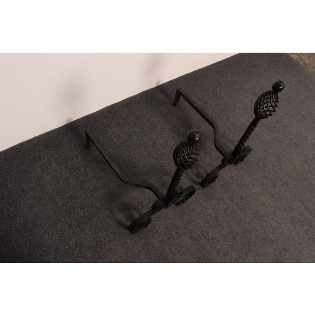 Black Pair of Gothic Revival Firedogs / Andirons With Basket Twist and Scroll Motif For Sale - Image 8 of 15