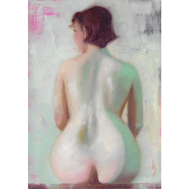 Peachy Keen by Kirsten Savage | Oil on panel Painting of a nude female figure from behind For Sale