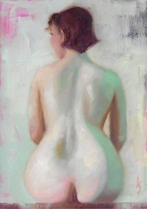 Peachy Keen by Kirsten Savage | Oil on panel Painting of a nude female figure from behind