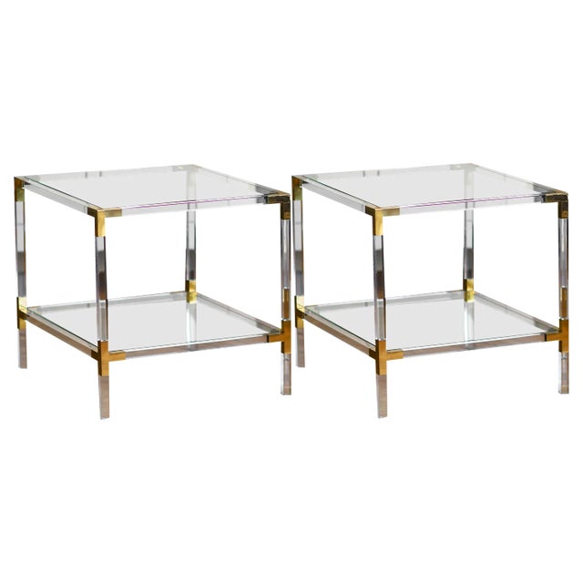 Acrylic Glass Tables with Brass Details and Crystal Tops, 1970s, Set of 2 For Sale