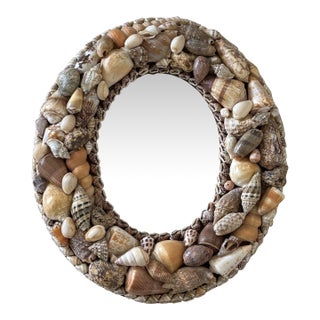 Vintage Palm Beach Style Petite Shell Encrusted Oval Shaped Table Mirror With Easel Back For Sale