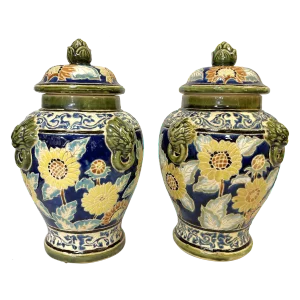 Large Vintage Sgraffito Pottery Lidded Urns With Lion Heads and Sunflower Details- a Pair