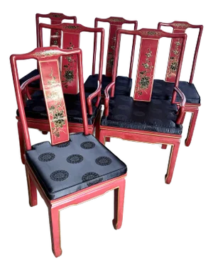 Chinese Red and Gold Lacquered Hand Painted Dining Chairs - Set of 6