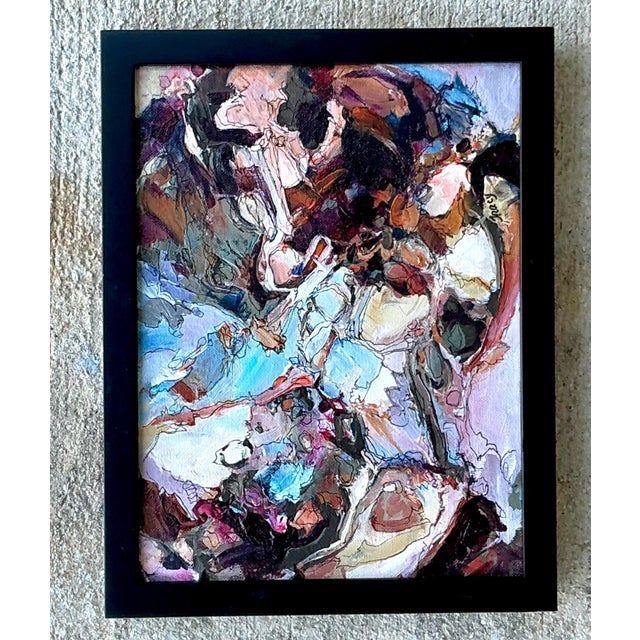 This captivating original abstract oil painting by artist Jane Tracy is a masterful display of late mid-century...