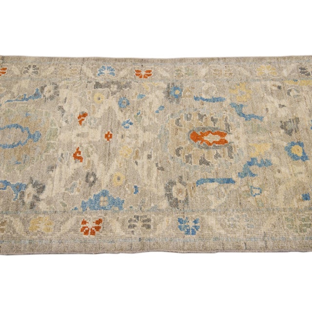 2020s Beige Floral Modern Handmade Sultanabad Wool Runner For Sale - Image 5 of 10