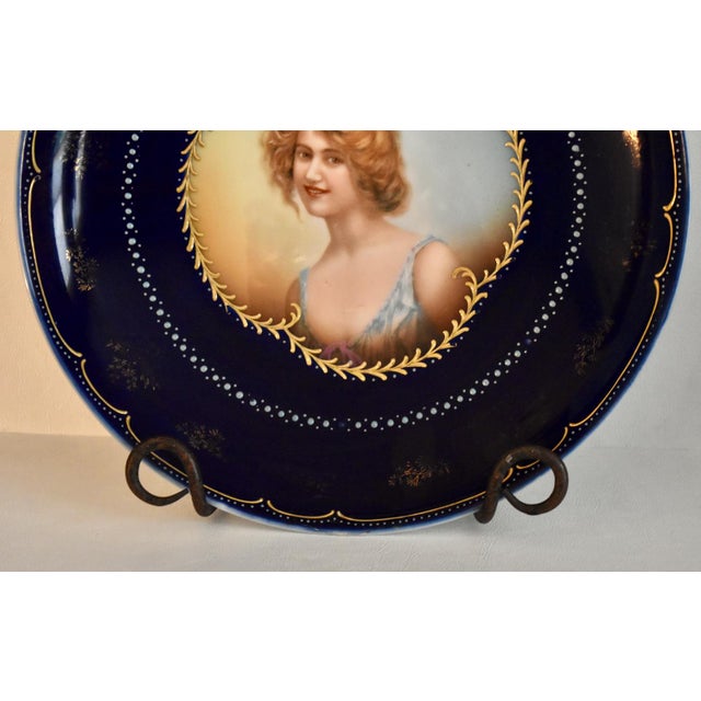 Blue Antique Vienna Style Cobalt Blue Porcelain Cabinet Portrait Plate Hand Painted For Sale - Image 8 of 13