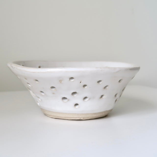 Off-white Handmade White Studio Pottery Decorative Ceramic Colander Berry Bowl For Sale - Image 8 of 12