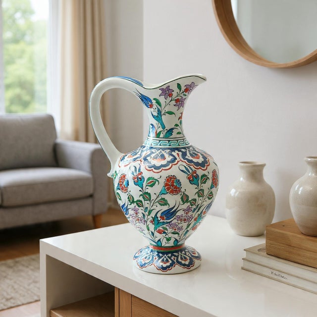 Handmade Ceramic Pitcher Vase (30cm) Traditional “Ewer” Form with Handle – Colorful Floral Pattern & Geometric Neck Border For Sale - Image 6 of 10