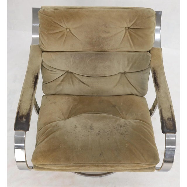Heavy Gage Polished Stainless Steel Swivel Base Suede Upholstery Lounge Chair For Sale - Image 11 of 13