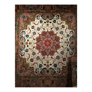 Vintage Persian Tabriz Square Area Rug, Hand-Knotted Wool & Silk, Fine Medallion Floral Pattern, Ivory & Pale Pink, 7x7 For Sale