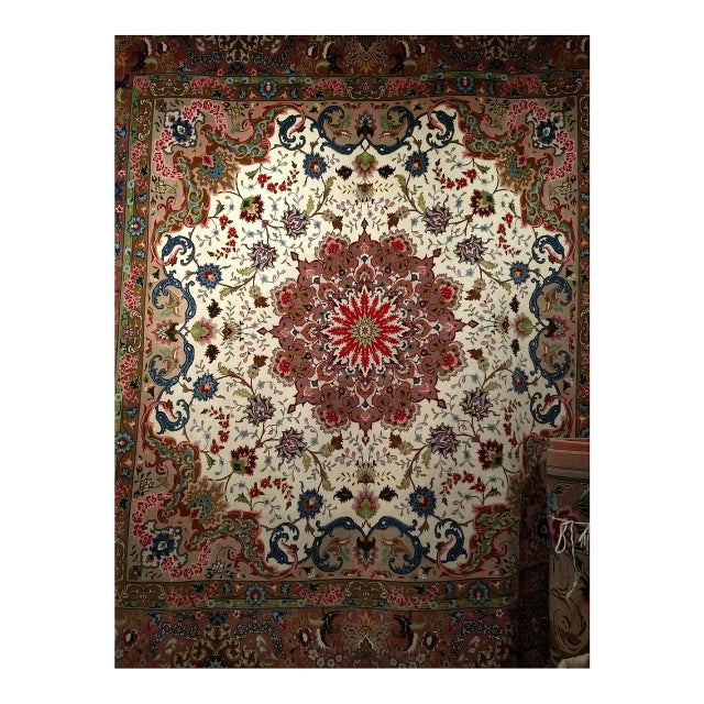 Vintage Persian Tabriz Square Area Rug, Hand-Knotted Wool & Silk, Fine Medallion Floral Pattern, Ivory & Pale Pink, 7x7 For Sale