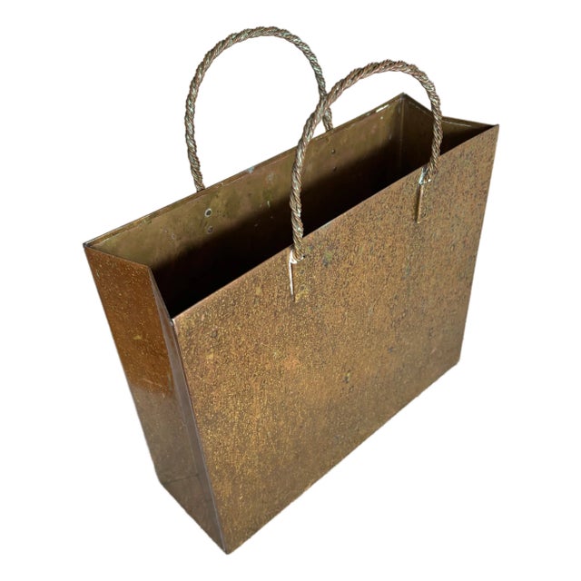 Vintage Gio Ponti Style Italian Italy Brass Shopping Bag Wastebasket Trash Can For Sale