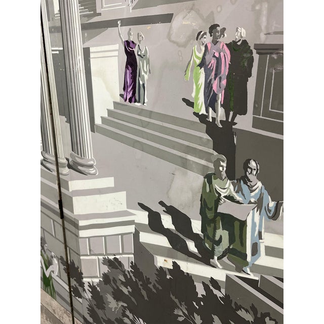 Wood Zuber Tri-Fold 3 Part Mural Screen Gray Tones Pink Purple Green Figures For Sale - Image 7 of 12