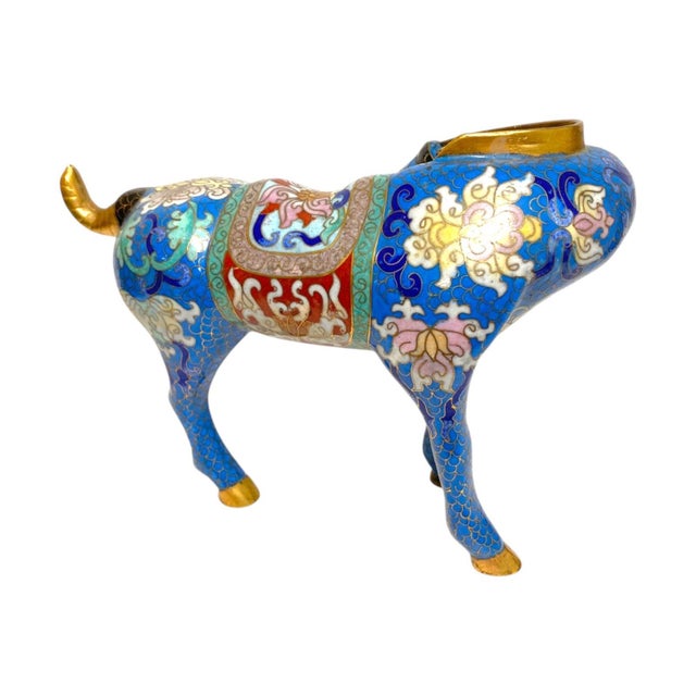 Mid 20th Century Vintage Chinese Cloisonné Horse Figurine Enamel Brass Statue Blue Red Gold 8.5" For Sale - Image 5 of 15