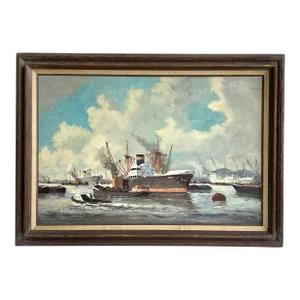 Mid 20th Century Large Steam Ship in Harbor Oil Painting on Canvas Signed H Peters, Framed