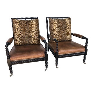 Ralph Lauren New Bohemian Spindle Chairs with Cheetah Print and Leather Upholstery - a Pair For Sale
