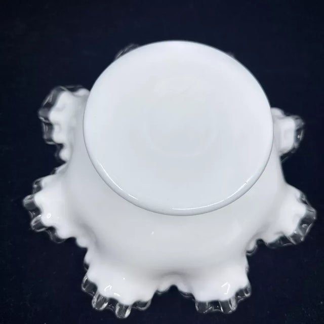Gorgeous and Classic Fenton Silver Crest Milk Glass Vintage Ruffled Pedestal Compote Candy Dish Bowl. Condition is used...