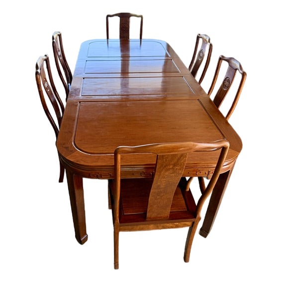 1970s Chinese Soild Rosewood Chinese Longevity Oval Dining Set 7 Piece For Sale