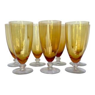 1940s Mid-Century Modern Cambridge Glass Co. Amber Optic Stem 3121 Goblets - Set of 7 For Sale