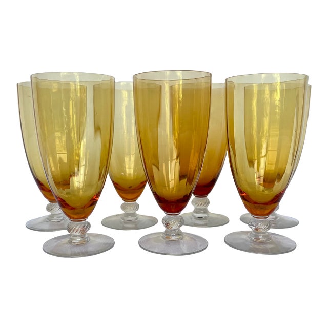 1940s Mid-Century Modern Cambridge Glass Co. Amber Optic Stem 3121 Goblets - Set of 7 For Sale