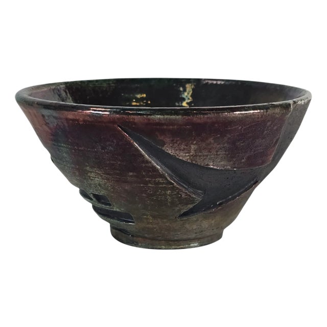 Vintage Studio Art Pottery – Iridescent Green & Purple Modern Deco Bowl, Signed 6.5” For Sale