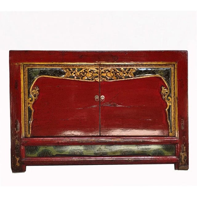 Wood 1900s Antique Red Shanxi Cabinet With Carved Border Doors For Sale - Image 7 of 7