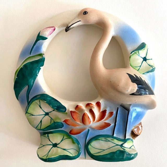 Mid-Century Modern Vintage Art Deco 1940's Japan Art Pottery Hand Painted Flamingo Bird Porcelain Wall Pocket Vase For Sale - Image 3 of 13