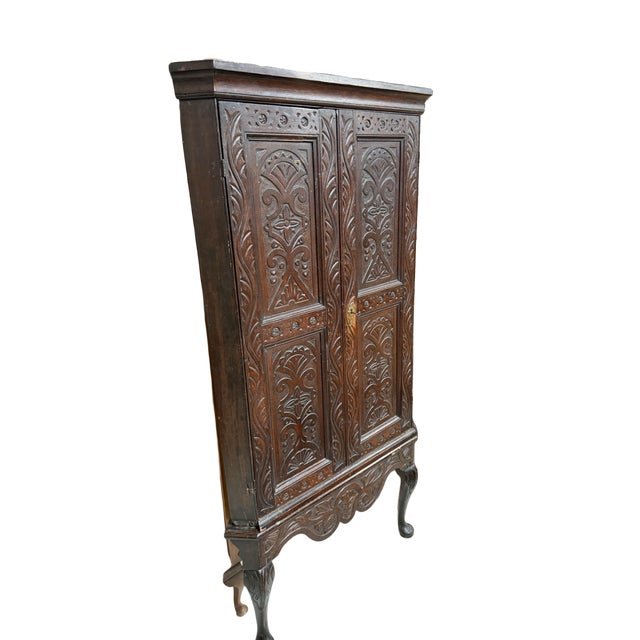 Brown Antique Oak 2 Door Corner Unit With Carved Panels Resting On Cabriole Feet For Sale - Image 8 of 8