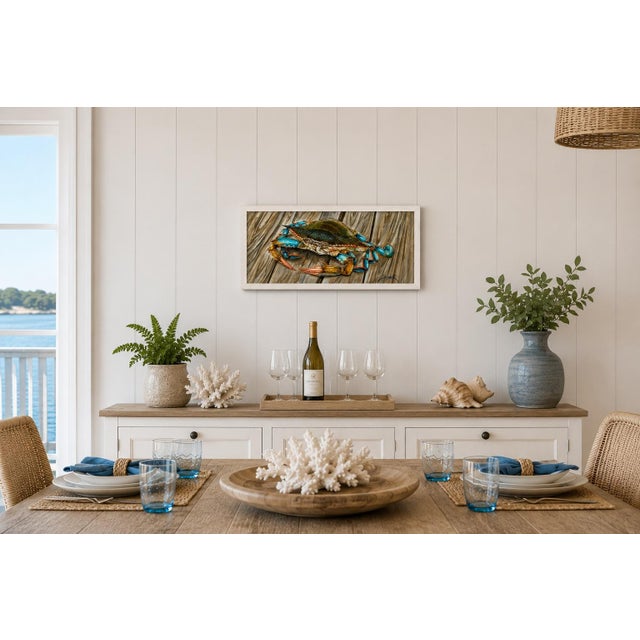 Nautical Blue Crab Painting by S. Park | Original Coastal Artwork on Canvas | 12 X 24 For Sale - Image 3 of 4