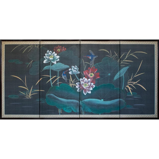 1970s Chinoiserie Painted Silk Screen "Hummingbirds and Lotus" For Sale - Image 18 of 18