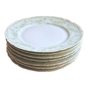 Late 19th Century Elite Works Limoges France Porcelain Dinner Plates Green Floral Garland Scalloped Edge, 7