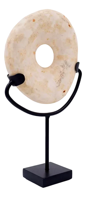 Wamayuwa Boiken Coin in Hand-Carved Shell Mounted on a Black Metal Stand